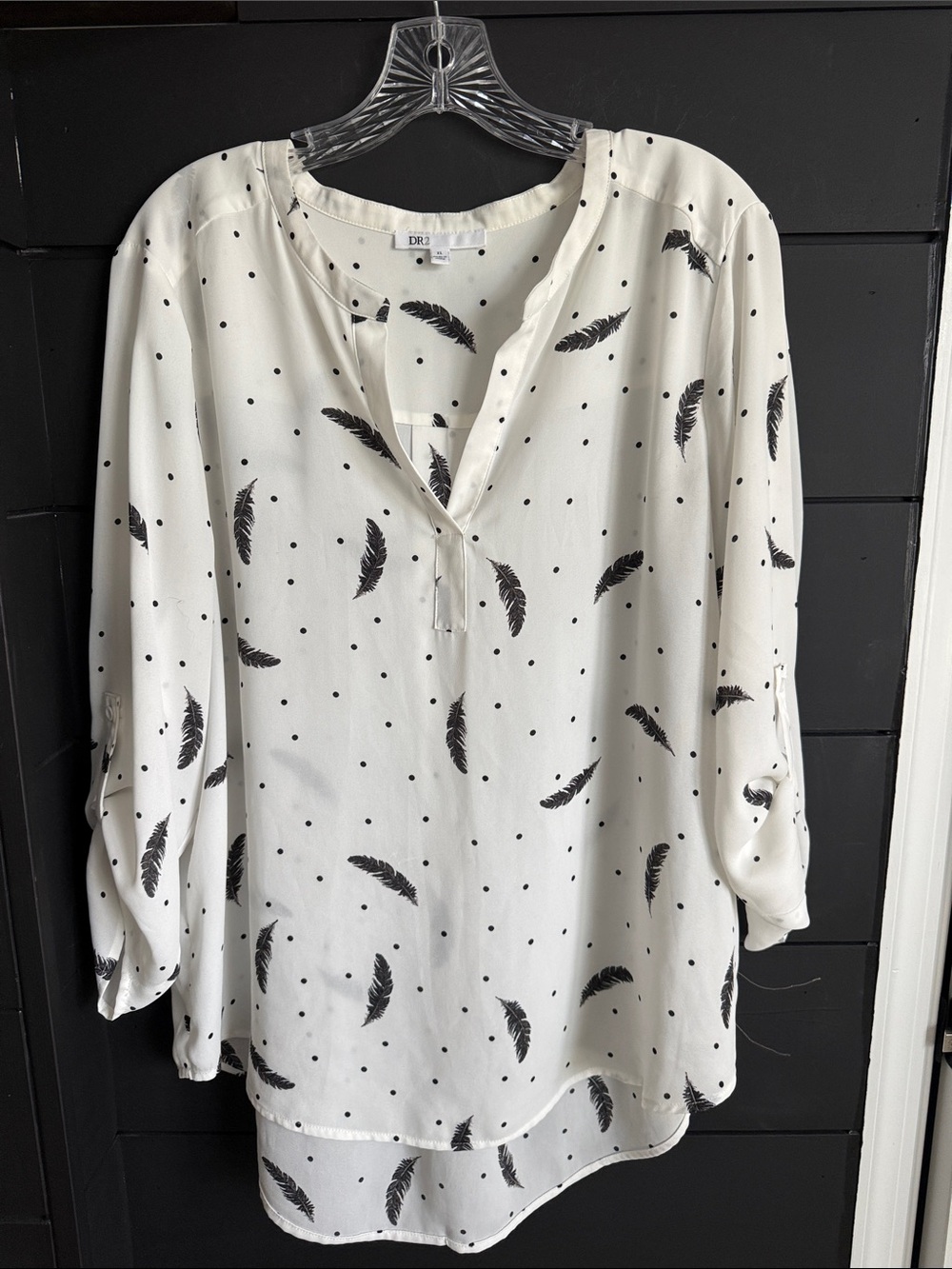 DR2 White Blouse with Black Feather & Dot Print